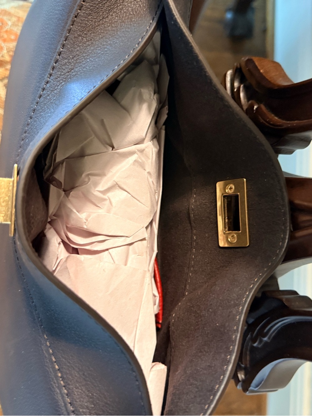 J.McLaughlin NWOT Cocoa Brown Leather handbag. Top bamboo latch closure. - Picture 8 of 15